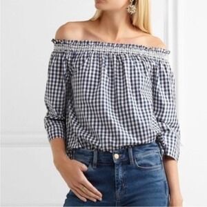 Madewell Gingham Off The Shoulder Smocked Top Navy White Cotton XS Cottagecore